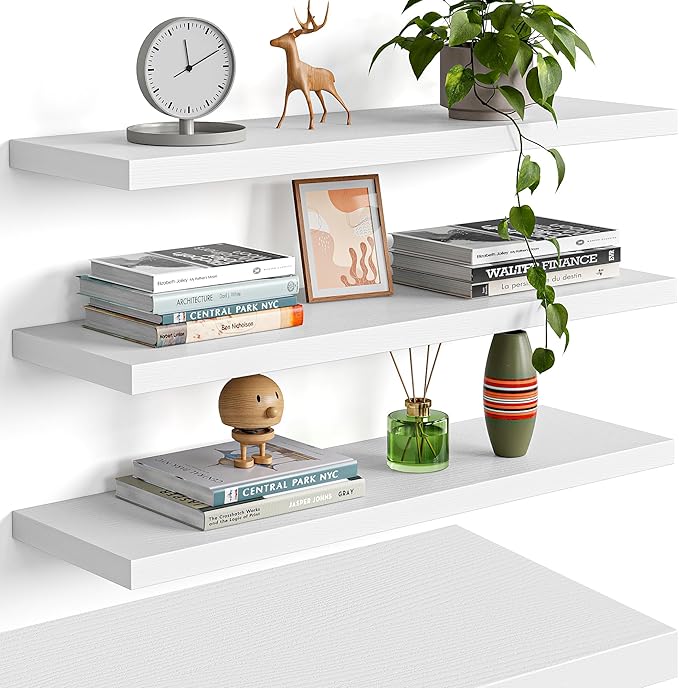 YUFLINX 23’’White Floating Shelves for Wall,Rustic Wood Shelf for Room Decor/Storage/Display,Small Bookshelf,Wall Mounted Hanging Shelves for Bedroom, Bathroom, Living Room, Kitchen,Set of 4