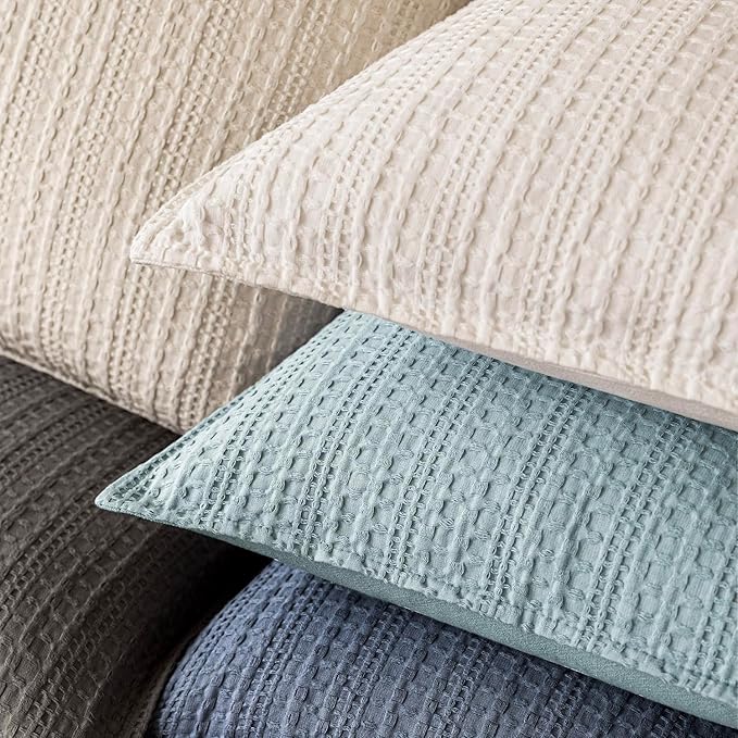 Foindtower Set of 2 Decorative Cotton Waffle Weave Throw Pillow Covers Euro Shams Cushion Covers Accent European Pillowcase for Bed Couch Sofa Bedroom Living Room Home Decor 18×18 Inch Light Blue
