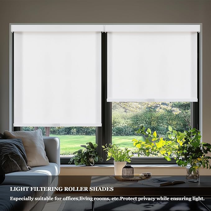 AOSKY Light Filtering Roller Shades Cordless Blinds for Windows, 1% Openness Free-Stop Shades with Valance, Thermal Insulated Fabric, UV Protection, Natural Woven Blinds（33" W x 72" H, White）