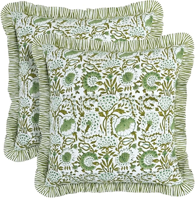 CPC Block Print Ruffle Throw Cover Agate Green 20"x20" Inch Pack of 2-100% Cotton Ruffle Couch Decorative Boho Pillows Case for Living Room, Bedroom, Sofa, Farmhouse Gift for Spring, Mother's Day