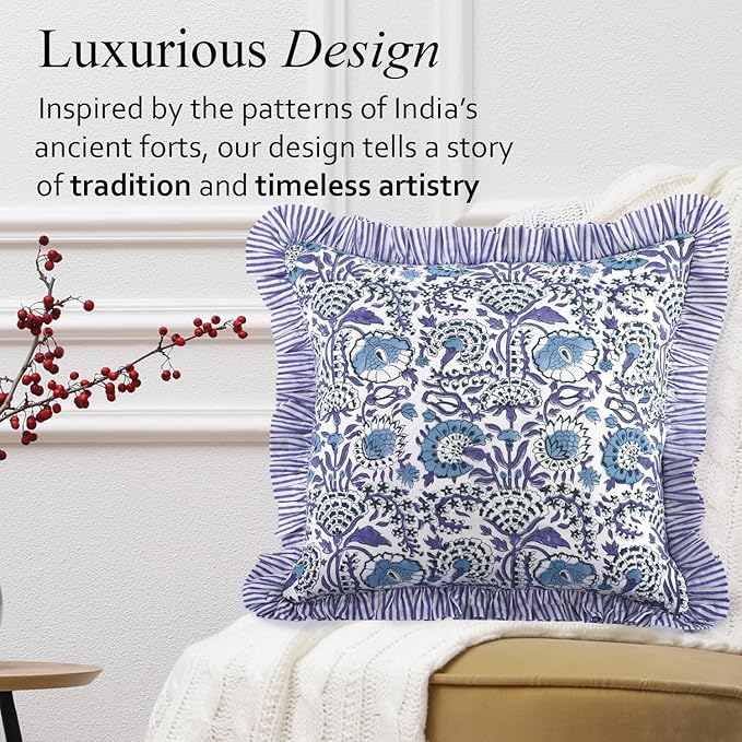 CPC Indigo Blue Ruffle Throw Pillow Covers for Couch, 18x18 Inch Cotton Stripe Ruffle Couch Pillows for Living Room, Hidden 14 Inch Zipper Boho Pillow Case or Cute Outdoor Pillows