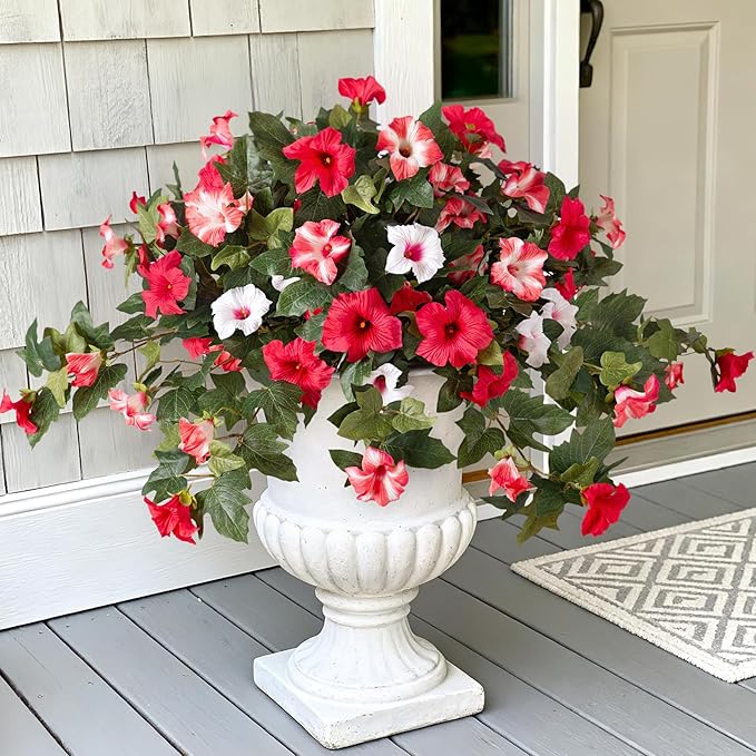 2PCS Artificial Petunia Flowers for Outdoors, Fake Flowers for Outdoor Planters UV Resistant Faux Silk Petunias for Garden Porch Yard Balcony Patio Realistic Home Kitchen Decor(Red Pink White)