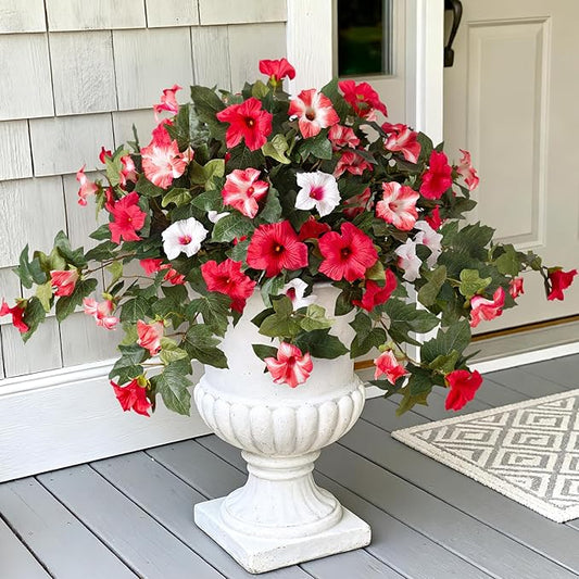 2PCS Artificial Petunia Flowers for Outdoors, Fake Flowers for Outdoor Planters UV Resistant Faux Silk Petunias for Garden Porch Yard Balcony Patio Realistic Home Kitchen Decor(Red Pink White)