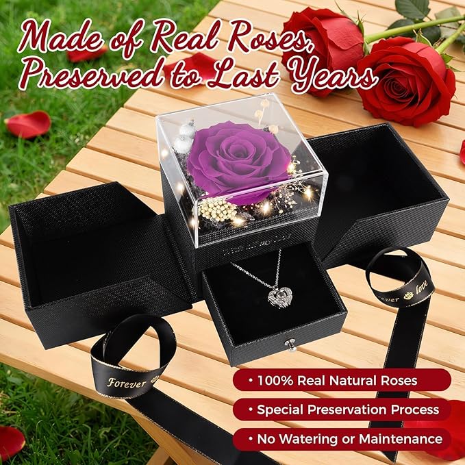 TranquilBliss Gifts for Mom, Preserved Real Purple Rose Gift Box with Heart Necklace,“I Love You” in 100 Languages, I Love You Eternal Flowers Rose Gift Set for Mother's Day, Anniversary