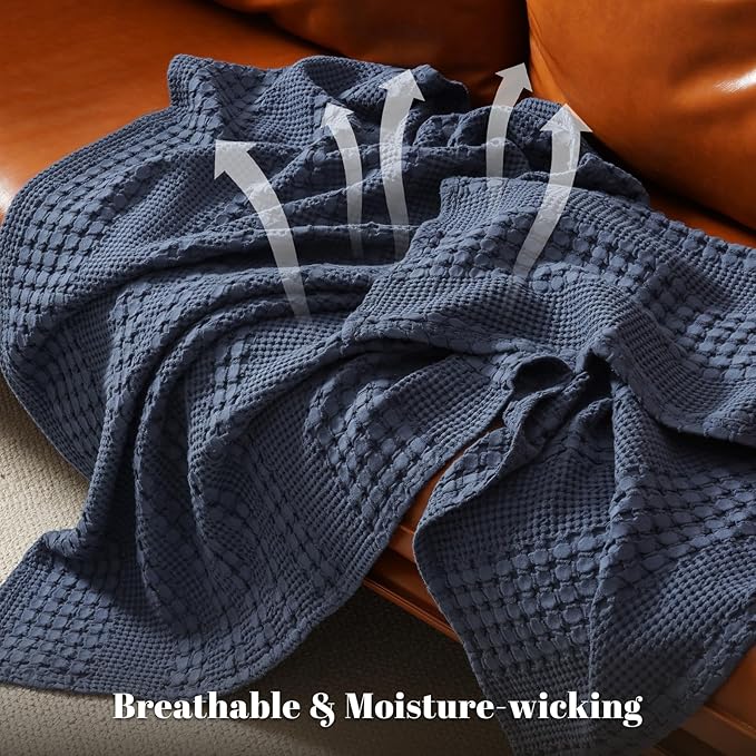 PHF 100% Cotton Waffle Blanket Queen Size for Bed, Lightweight Breathable and Soft for Summer, Luxury Aesthetic Waffle Weave Blanket for Home Decor & Gifts for Women, 90"x90", Indigo