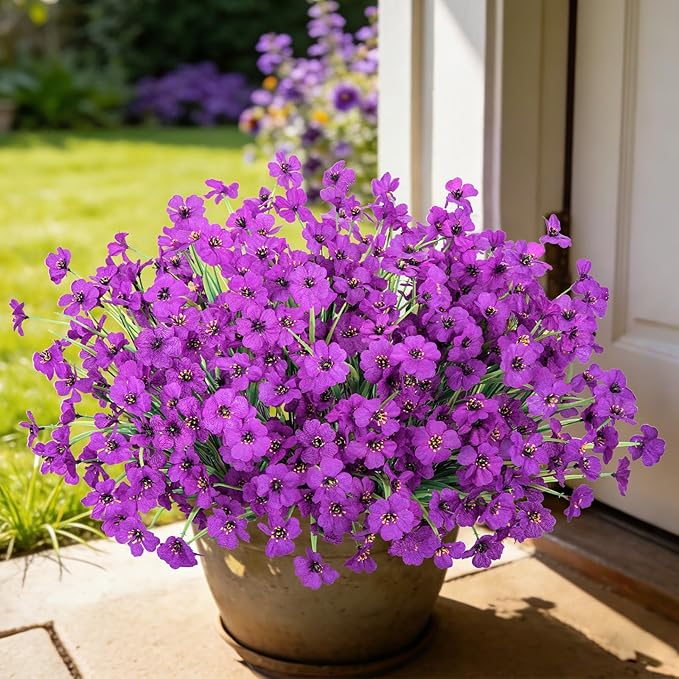 Ouddy Decor 12 Bundles Artificial Flowers for Outdoors Fake Silk Flowers UV Resistant Faux Plastic Plants for Indoor Outdoor Vase Box Garden Porch Window Box Home Spring Summer Decor, Purple