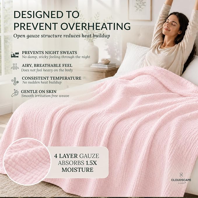 CLOUDSCAPE 4 Layer Muslin Blanket for Adults, 100% Cotton Blanket King Size, 92" x108'' Oversized Fits Upto Cal King Bed, Soft Lightweight Breathable Layering Cotton Summer Blankets - Seashell Pink