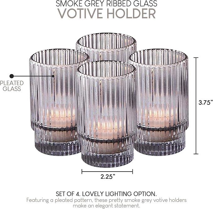 Serene Spaces Living Set of 4 Short Smoke Grey Ribbed Glass Votive Holder, Perfect for Weddings and Home Décor, Measures 3.75" Tall and 2.25" Diameter