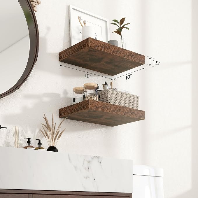 Axeman 16Inch Floating Shelves for Wall, 2 Pack Shelves for Bedroom, Bathroom, Kitchen, Hanging Wall Mounted Rustic Wood Shelf with Invisible Brackets for Books Decor, Rustic Brown