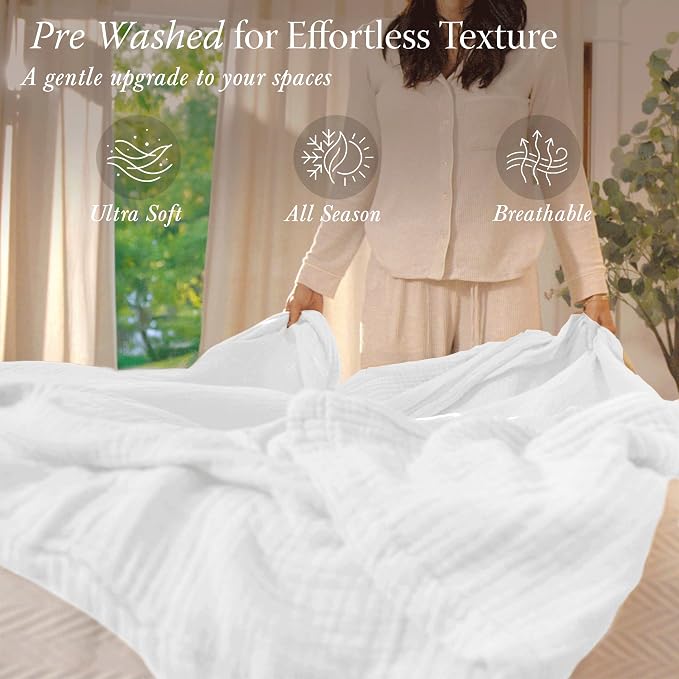 Threadmill Muslin Twin Blanket | Pre Washed, Soft, Breathable and Lightweight Summer Blanket | 4-Layer Gauze Blanket for Kids and Adults | Twin Size Throw Blanket Seasons | White