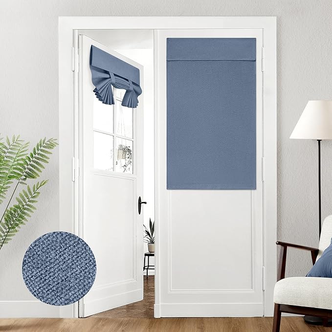 HOMEIDEAS 100% Linen Blackout French Door Curtains, Privacy Door Window Curtains, 26 X 40 Inch Room Darkening Blinds, Thermal Insulated Shades for Bedroom, 1 Panel, Stone Blue