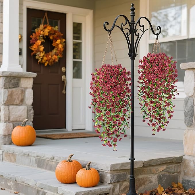 Ammyoo Artificial Mums for Outdoors Fake Hanging Flowers for Decoration, 2 PCS Silk Daisy Flower Realistic Faux Plants UV Resistant for Porch Patio Window Yard Outside Decor(Brown)
