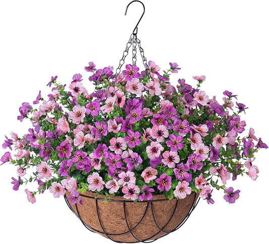 INXUGAO Artificial Silk Flowers Hanging Basket for Outdoor Indoor, Daisy with Eucalyptus Leaves Arrangement for Garden Yard Spring Decor, Faux Green Plant in Metal Coconut Lining Pot(Purple Pink)