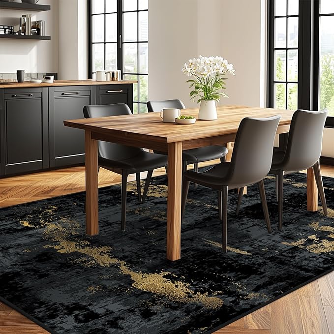 RELEANY Washable Area Rugs 10'x14' Non-Slip Modern Abstract Soft for Living Room Entryway Bedroom Nursery, Print Pattern, Dark Black Gold