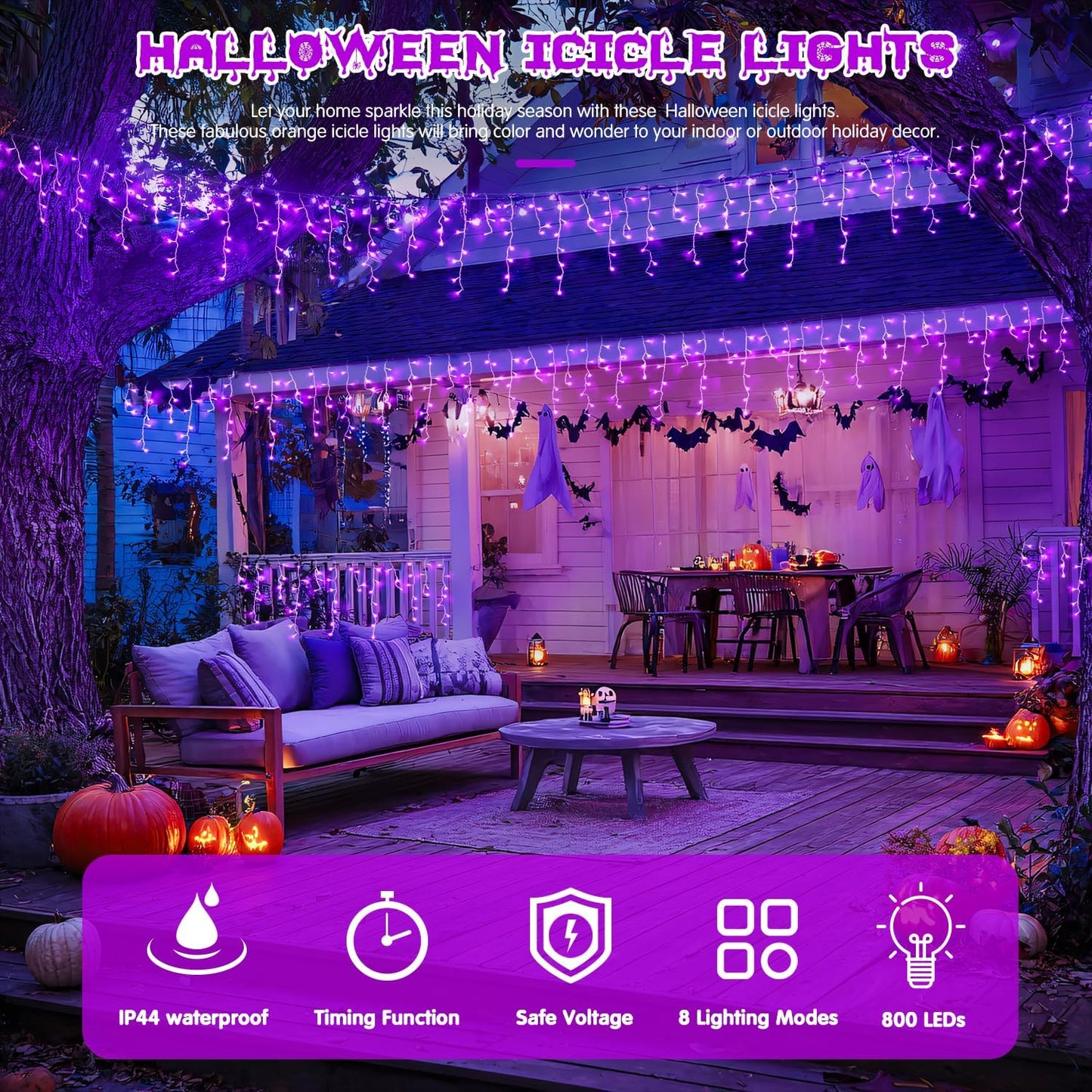JMEXSUSS Purple Halloween Lights Outdoor, 800 LED Purple Icicle Lights Outdoor Waterproof, 8 Modes String Light Plug in for Fireplace Tree Garden Patio Halloween Decor
