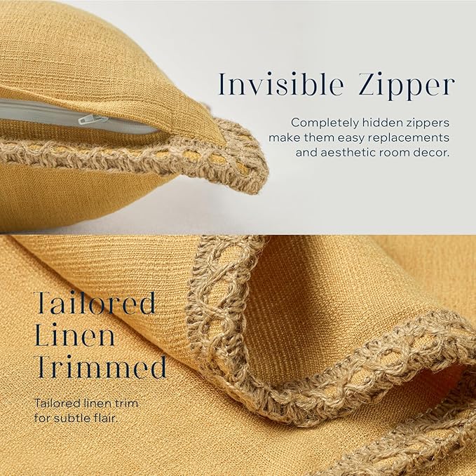 Phantoscope Pack of 2 Farmhouse Decorative Throw Decorative Pillow Cover Burlap Linen Trimmed Tailored Edges, Mustard Yellow, 18 x 18 inches, 45 x 45 cm