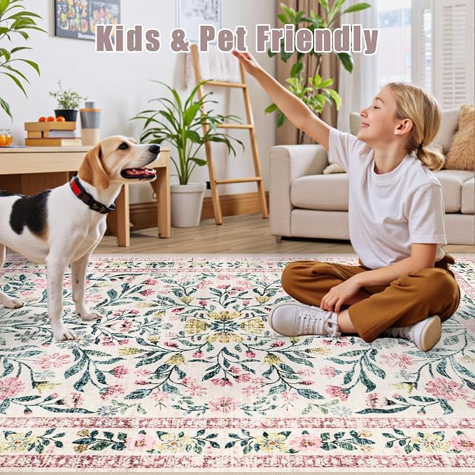 Area Rug Living Room Rugs: Floral 3x5 Washable Rug Vintage Soft Boho Non-Slip Carpet Indoor Floor Stain Resistant Large Carpets for Bedroom Dining Room Farmhouse Nursery Hallway Pink/Green
