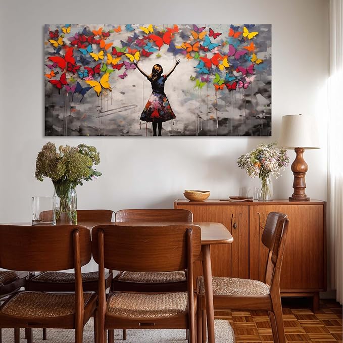 Graffiti Girl Wall Art for Bedroom Canvas Oil Painting Prints Beautiful Butterfly Dream Art Deco Modern Artwork Office Girls Dormitory Dining Room Decor