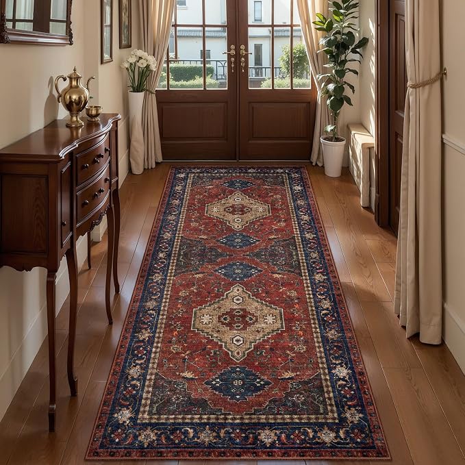 Tangsoo Vintage Red 2x6 Washable Runner Rug for Hallways, Non Slip Hallway Rugs, Oriental Soft Low Pile Long Rug Carpet Runners for Kitchen Bedroom Entryway Bathroom Living Room Home Decor