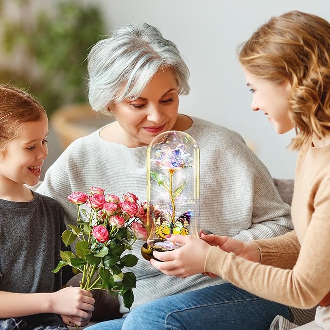 Mothers Day Rose Gifts for Mom Birthday Gift for Women Galaxy Glass Rose in Glass Dome Forever Eternal Crystal Roses with Butterfly Mother's Day Flowers Gifts for Wife Daughter Grandma Sister Colorful