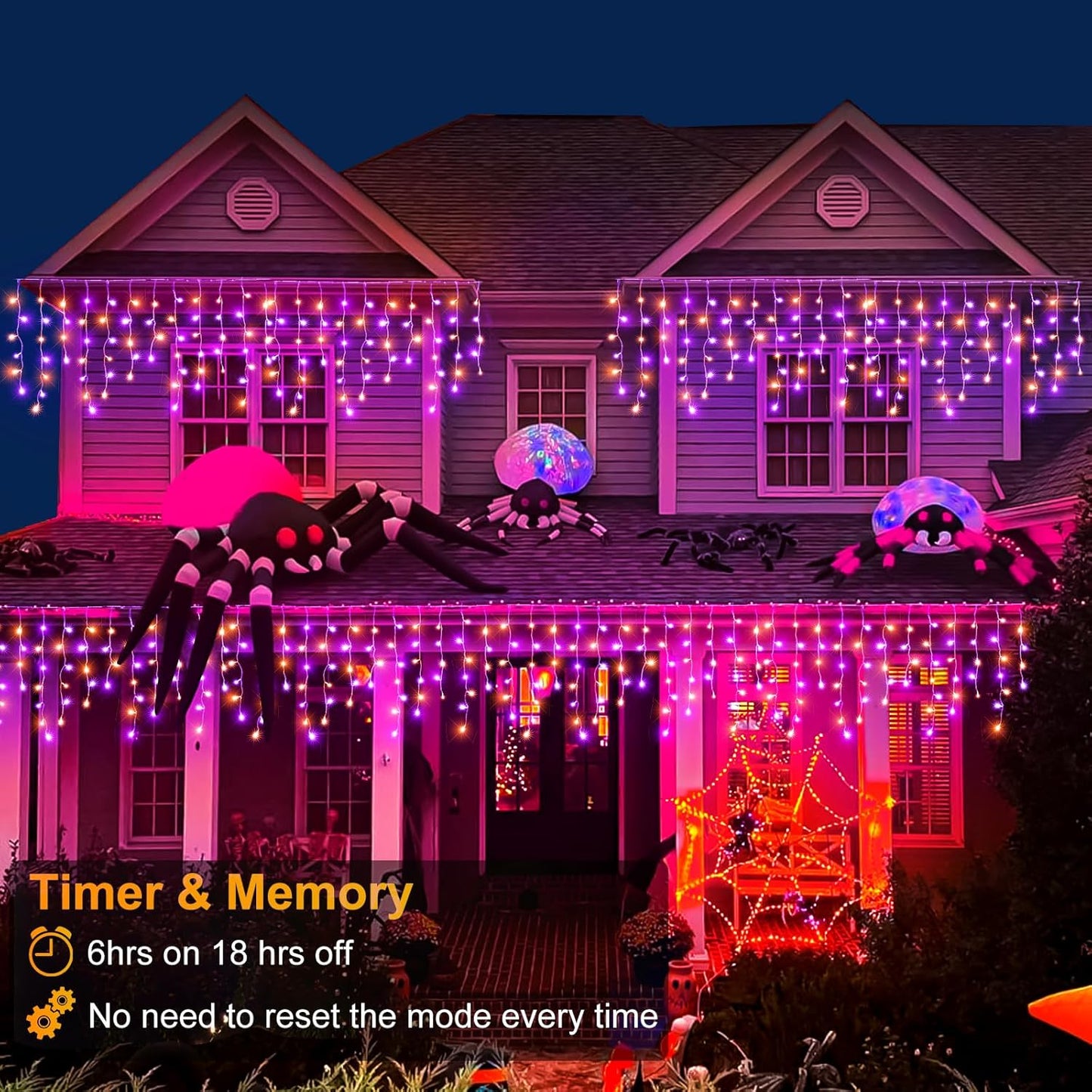 66ft Halloween Lights Outdoor, Orange and Purple Icicle Lights for Outside Indoor, 640 LED Twinkle String Lights with 120 Drops Clear Wire Short Curtain Light for House Party Tree Holiday Yard Decor