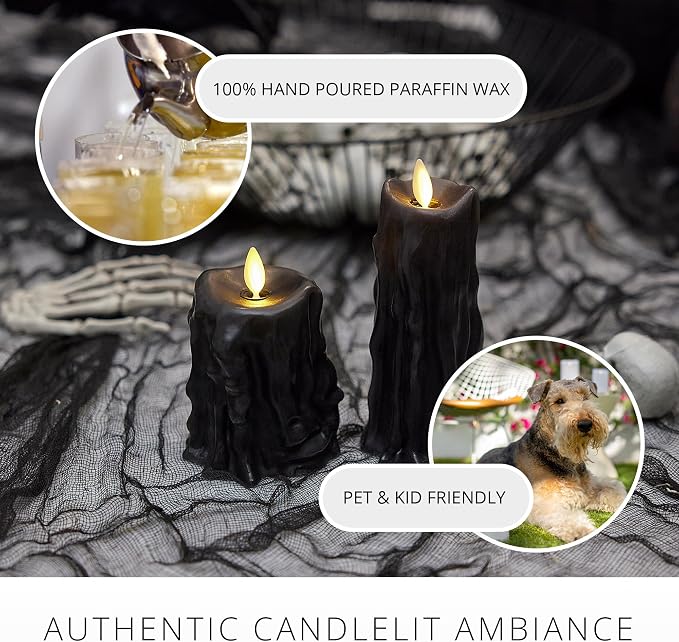 Luminara Heavy Wax Drip Flameless LED Candle, Black 2.5" x 6.5", Timer Function, Real Wax Pillar, Battery Operated Unscented Safe, Long-Lasting