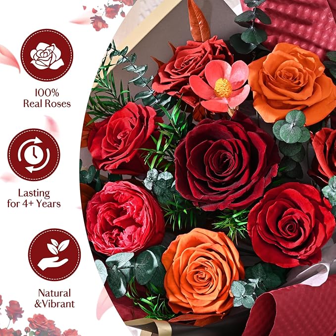 Forever Rose Flowers for Delivery, 8-Piece Preserved Roses Bouquet Birthday Gifts for Women, Long Lasting Red Roses with Gift Box for Mom, Forever Flowers with Vase for Her Wife Girlfriend