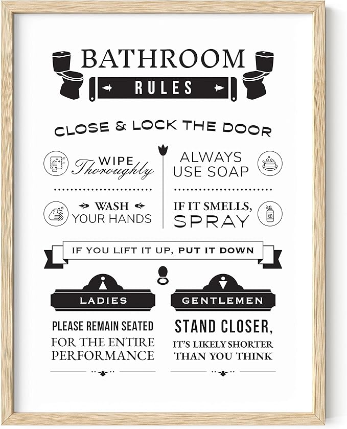 HAUS AND HUES Funny Bathroom Decor & Signs | Toilet Rules Wall Art, Beige Framed Guest Bathroom Humor Poster | 12"x16"