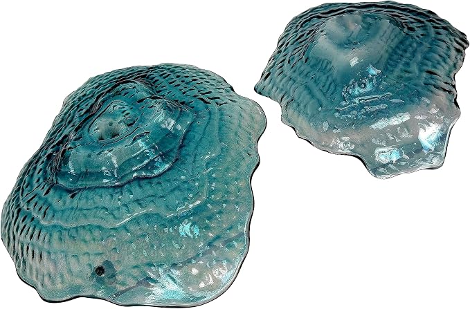 Set of 2 Oyster Shell Decorative Plates, 13 and 10 Inch Sea Blue Glass | Two Sizes for Layered Display, Wavy Uneven Rims, Glossy Finish Shifts Green, Purple, And Smoky Tones