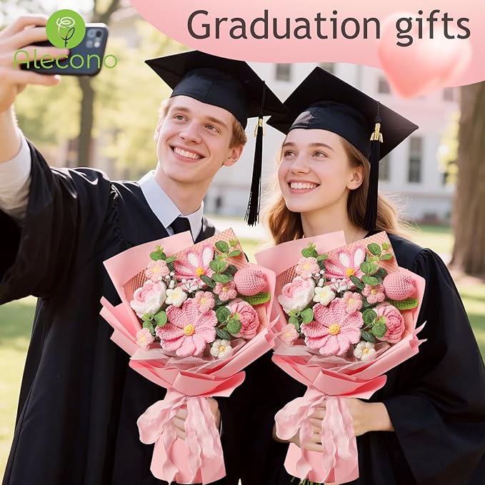 Alecono Crochet Flower Bouquet, Pink Handmade Knitted Flowers, Crochet Tulips Galsang Flower for Mother's Day Anniversary Birthday Graduation Lover Valentines Day Gifts (with Card)
