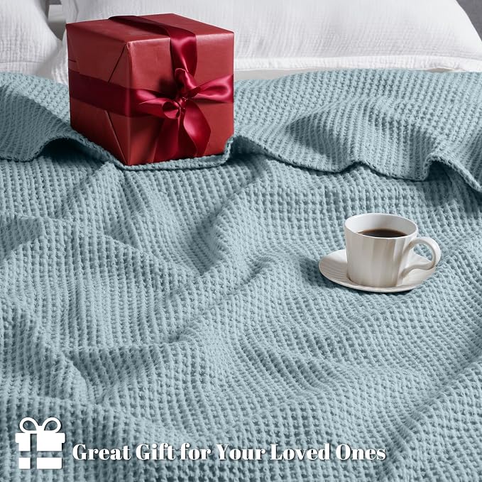 PHF Pre-Washed 100% Cotton Waffle Weave Blanket Queen Size for Bed,Snag Proof Throw Blanket for Couch Spring Summer Lightweight Breathable,Machine Washable, Home Decor Gift - Dusty Blue