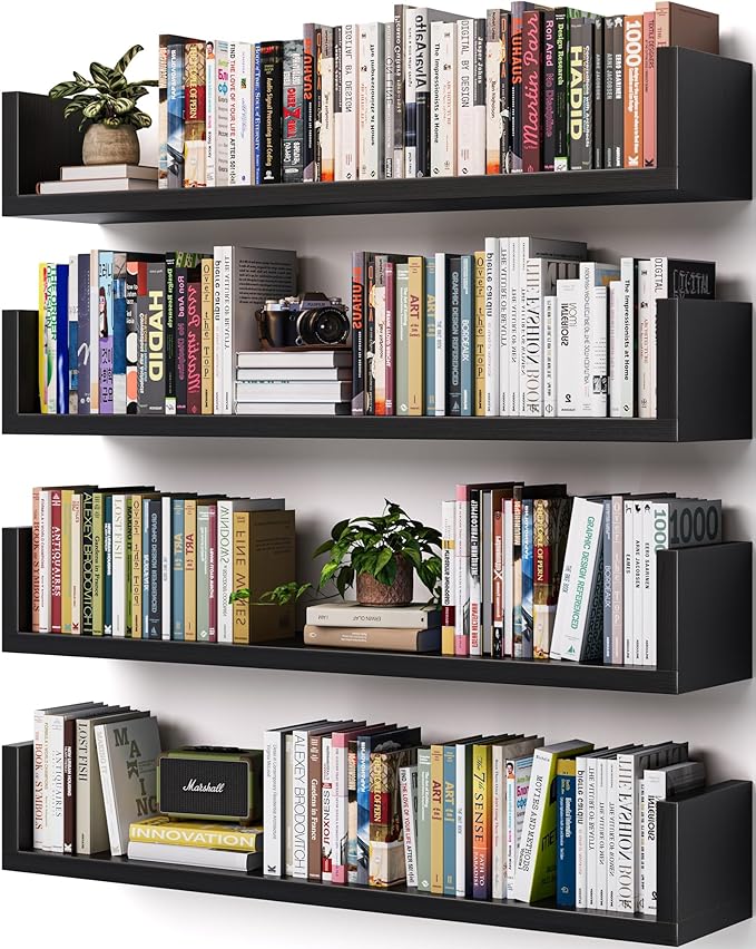 Wall Bookshelf, Set of 4, U Shaped Floating Bookshelf, Hanging Bookshelves for Wall, Wall Mounted Shelves for Living Room Bedroom Office (Black, 23.6 Inches, 4)