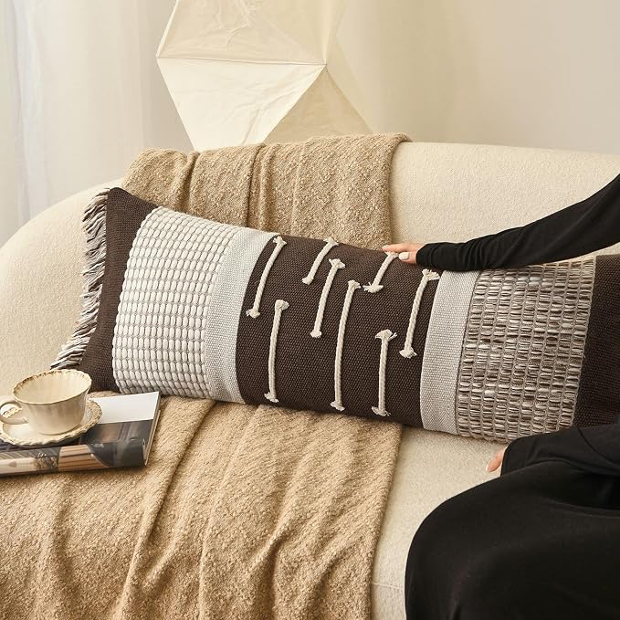 Dark Brown Boho Decorative Lumbar Pillow Cover 14x36 | Modern Farmhouse Long Lumbar Decorative Pillows Cushion Case with Handmade Drawn Work Tassel for Bed Couch