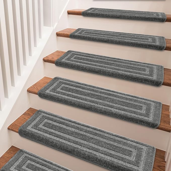PURE ERA Bullnose Carpet Stair Treads Set Tape Free Non-Slip Indoor Stair Protectors Pet Friendly Rugs 9.5" x 30"(2 Pieces,Grey Rectangular)