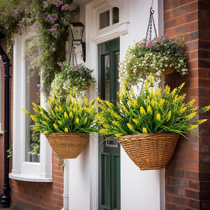 Nigirior Artificial Flowers for Outdoor Plants 24 Bundles Fake Lavender Plastic Faux Monkey Grass for Verandah Window Garden Office Patio Front Porch UV Resistant for Planter(Yellow)