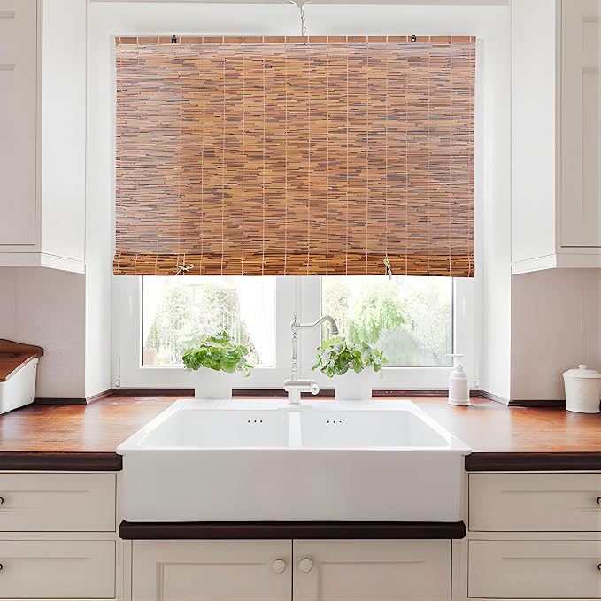 Forever Bamboo Bamboo Reed Cordless Light-Filtering Shades, Manual Roll-Up Roman Blinds Bamboo for Indoor Windows, Reed Shades for Patios, Palapas by Forever Bamboo Coffee 72 in W x 72 in H