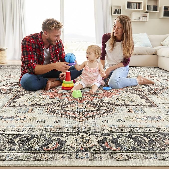 12x15 Area Rugs for Living Room - Large Carpet Ultra Thin Soft Washable Oriental Vintage Floral Distressed Big Indoor Carpets for Bedroom Nursery Dorm Home Decor Aesthetic - Multi Cream