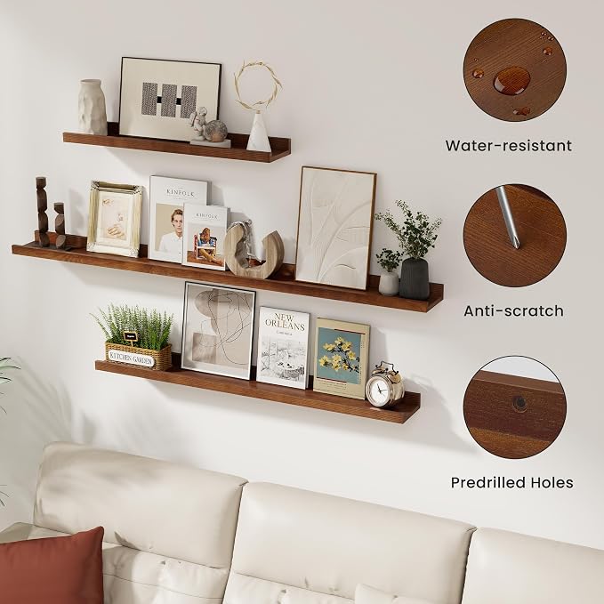 Acovy Solid Ash Wood Floating Shelves, 48 Inch, Walnut, Set of 2 | Wood Picture Ledge, Wall Mounted, For Living Room Kids' Bedroom Nursery, Large Photo Ledge