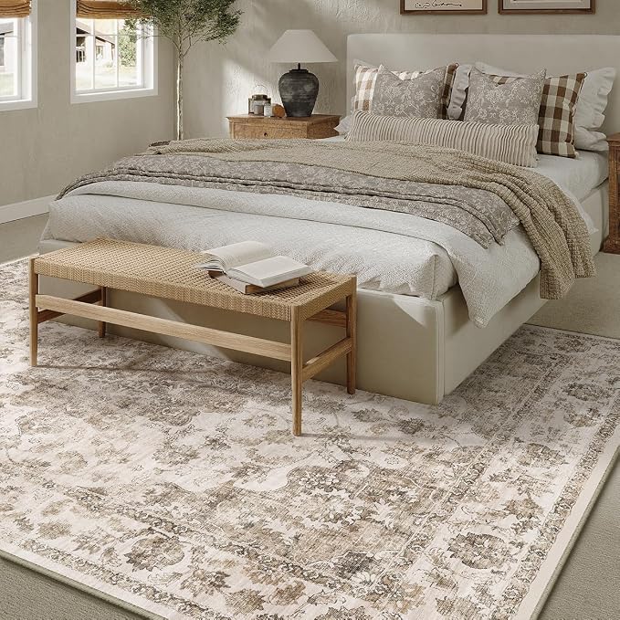12x15 Neutral Area Rug Brown Vintage Living Room Bedroom Washable Carpet Non-Slip Soft Low Pile Farmhouse Indoor Large Throw Rug for Dining Room Office