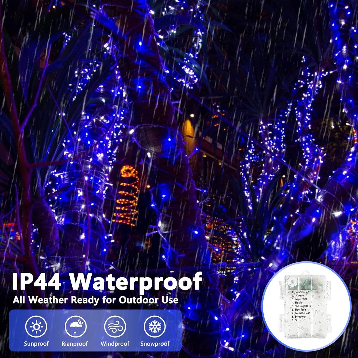 2 Pack String Lights Battery Operated with Timer, 66FT 200 LED Waterproof Battery Twinkle Lights, 8 Modes Fairy Light for Indoor & Outdoor Party Bedroom Christmas Decorations (Blue and White)