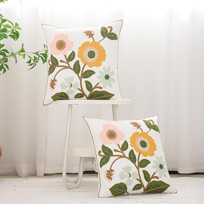Spring Pillow Covers 18x18 Set of 2 Embroidery Throw Pillow Covers Yellow and Pink Flowers with Green Leaves Farmhouse Pillow Cushion Case Summer Foral Decorative Farm Pillowcases