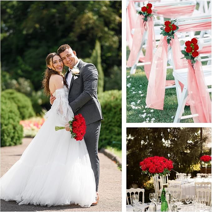 Wondrus Bulk Artificial Flowers 100 PCS, Fake Velvet Silk Red Roses with Long Stems Realistic Bouquet for Wedding Centerpieces, Faux Arrangement for Home Table Decor