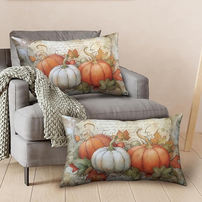 Fall Outdoor Lumbar Pillow Covers 12x20 Watercolor White Orange Pumpkin with Maple Leaves Rectangle Pillow Case Set of 2 Autumn Waist Cushion Case for Couch Patio Bench