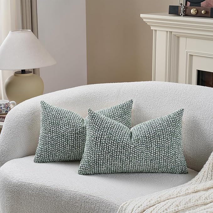 DEZENE Striped Throw Pillow Covers 12x20 Set of 2 Green Textured Polyester Chic Morden Boho Accent Farmhouse Rectangular Lumbar Decorative Couch Pillow Covers for Home Decor Bed Sofa Living Room