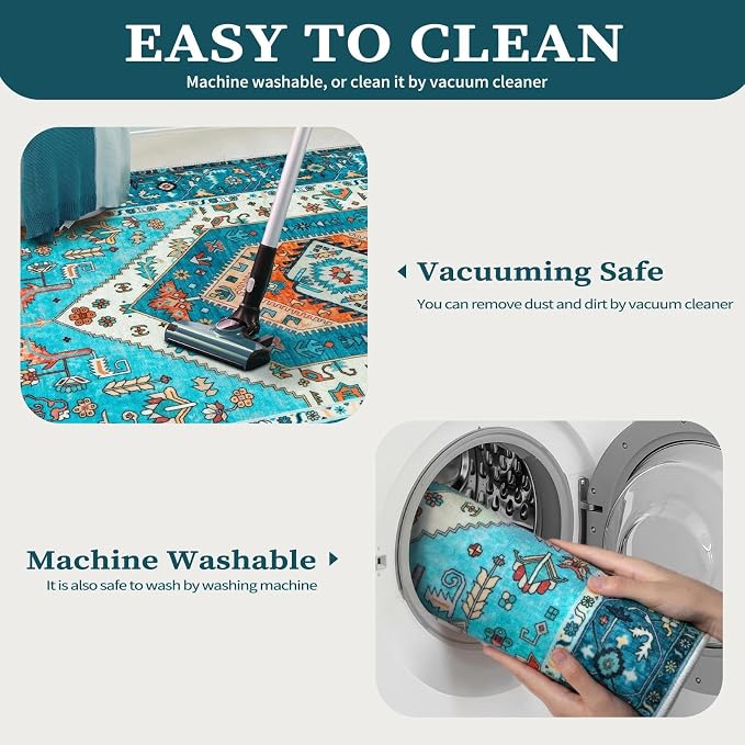 SERISSA 2x4 Boho Rugs for Entryway, Washable Non-Slip Kitchen Runner Rug, Ultra Soft Small Area Rug Vintage Blue Low-Pile Door Mat Indoor Entrance Carpet for Bedroom Hallway Laundry Room