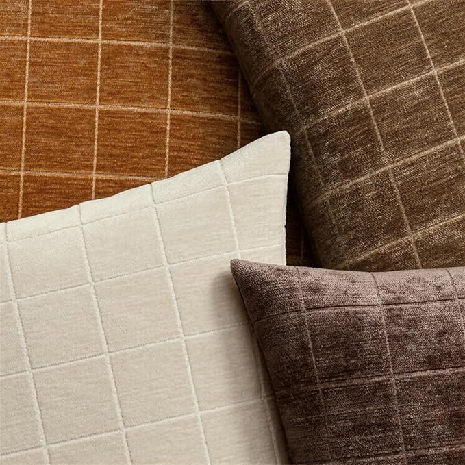 MIULEE Decorative Chenille Check Throw Pillow Covers Vintage Plaid Couch Pillows 18x18 Inch Set of 2 Neutral Boho Farmhouse Cushion Covers Modern Home Decor for Sofa Bed Living Room Reddish Brown