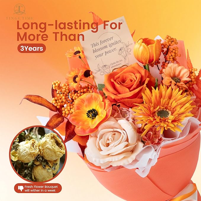 TINGE TIME Preserved Flowers Bouquet, Sunflower and Rose Bouquets, Orange Artificial Flowers Bouquet for Table Centerpiece Mothers Day Gifts Birthday Gifts Wedding Anniversary Housewarming