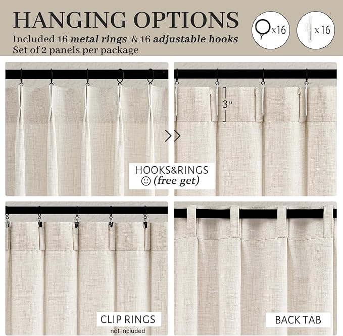 Natural Linen Blend Semi Sheer Curtains 94 Inches Length 2 Panels Set for Nursery Room, Pinch Pleated Light Filtering Ceiling Track System Curtain with Hooks for Bedroom 40 x 94 Inch Length Windows
