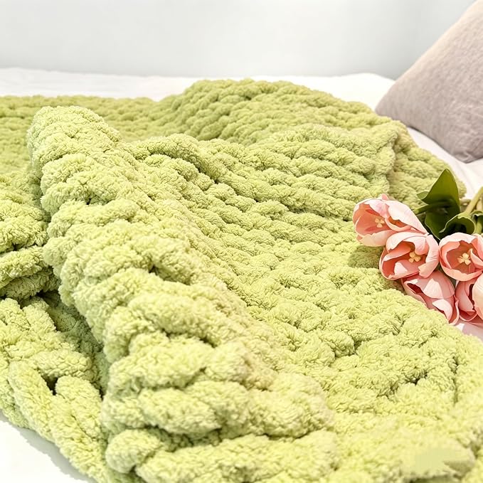 Soft Chunky Knit Throw Blanket for Couch, Cozy Warm Knitted Blankets | Hand Knit with Jumbo Chenille, Lightweight Warm Fluffy Decor for Women, Mom, Her & Girls, Sofa, Chair, Bed, 40"×40" (Green)