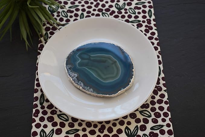 Nature's Decorations Teal Silver Rimmed Agate Stone Coasters - Set of 4, Polished Geode Drink Mats for Dining & Coffee Table & Kitchen Geode Decor Non-Toxic 3.5-4” Diameter